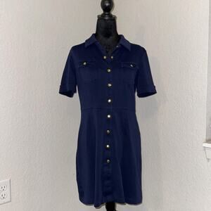 New York & Company Shirt Dress Women's Medium Navy Short Sleeve Gold Front Snap